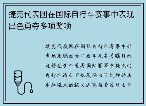 捷克代表团在国际自行车赛事中表现出色勇夺多项奖项
