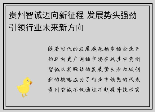贵州智诚迈向新征程 发展势头强劲 引领行业未来新方向