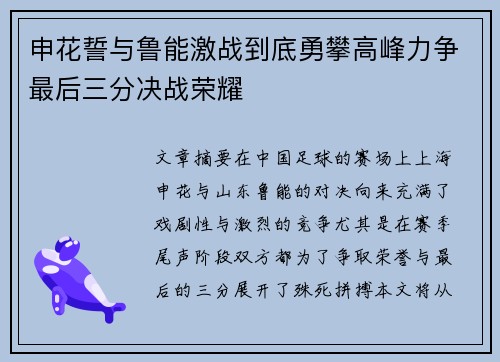 申花誓与鲁能激战到底勇攀高峰力争最后三分决战荣耀