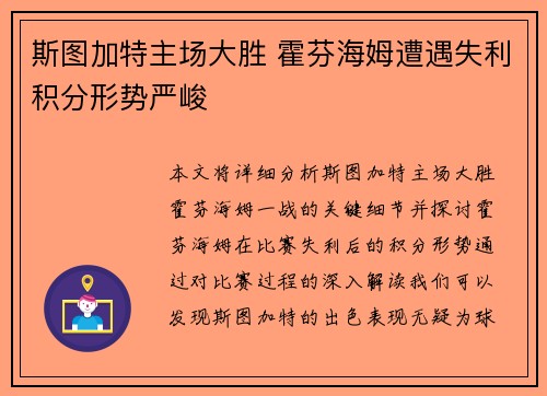 斯图加特主场大胜 霍芬海姆遭遇失利积分形势严峻