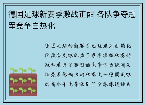 德国足球新赛季激战正酣 各队争夺冠军竞争白热化