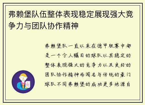 弗赖堡队伍整体表现稳定展现强大竞争力与团队协作精神