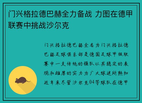 门兴格拉德巴赫全力备战 力图在德甲联赛中挑战沙尔克