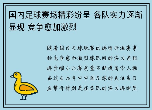 国内足球赛场精彩纷呈 各队实力逐渐显现 竞争愈加激烈