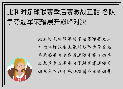 比利时足球联赛季后赛激战正酣 各队争夺冠军荣耀展开巅峰对决