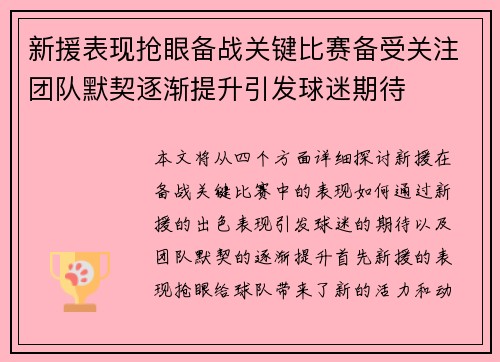 新援表现抢眼备战关键比赛备受关注团队默契逐渐提升引发球迷期待