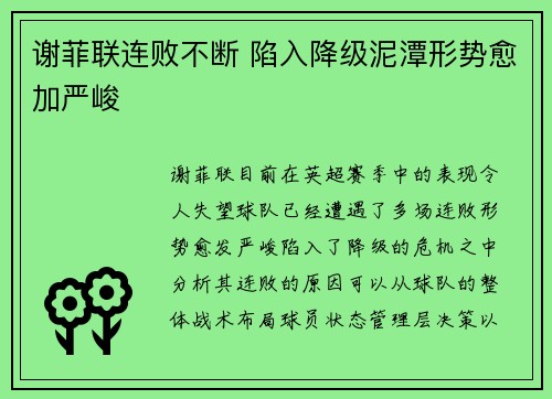 谢菲联连败不断 陷入降级泥潭形势愈加严峻